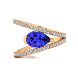 Fashionable V Shaped Diamond Ring with Pear Cut Tanzanite