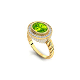 Vintage Style Elongated Oval Peridot Halo Diamond Twisted Ring