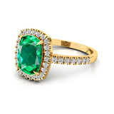 Elongated Cushion Halo Set Emerald Engagement Ring with Diamond Band