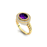 Vintage Style Elongated Oval Amethyst Halo Diamond Twisted Ring