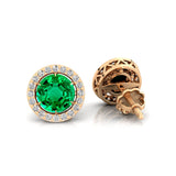 Round Solitaire Emerald Halo Diamond Stud Earrings