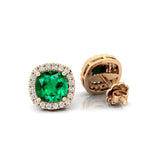 Cushion Cut Emerald Halo Diamond Stud Earrings