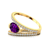 Fashionable V Shaped Diamond Ring with Pear Cut Amethyst