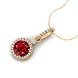 Classic Solitaire Round Garnet Halo Diamond Dangle Pendant