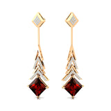 Inverted Princess Cut Garnet Drop Earrings with Diamonds