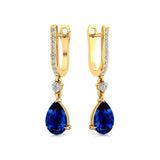 Lever Back Diamond Drop Earrings with Pear Cut Blue Sapphire