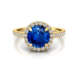 Classic Round Halo Diamonds with Solitaire Blue Sapphire Engagement Ring