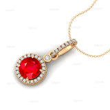 Classic Solitaire Round Ruby Halo Diamond Dangle Pendant