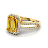 Halo Set Emerald Shaped Yellow Sapphire Split Shank Ring with Accent Diamonds