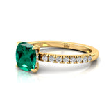 Emerald Square Cushion Under Halo Diamonds Thin Ring with Diamond Band