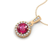 Dainty Round Solitaire Halo Diamond Pink Sapphire Pendant