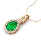 Classic Teardrop Shaped Emerald Halo Diamond Dangle Pendant