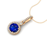 Classic Solitaire Round Blue Sapphire Halo Diamond Dangle Pendant