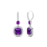 Halo Diamond Cushion Cut Amethyst Dangle Earrings