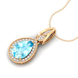 Classic Teardrop Shaped Aquamarine Halo Diamond Dangle Pendant