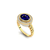 Vintage Style Elongated Oval Blue Sapphire Halo Diamond Twisted Ring