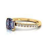 Alexandrite Square Cushion Under Halo Diamonds Thin Ring with Diamond Band