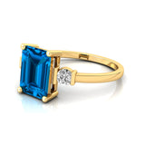 Emerald Cut Swiss Blue Topaz and Diamond Three Stone Ring