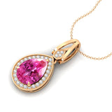 Classic Teardrop Shaped Pink Sapphire Halo Diamond Dangle Pendant