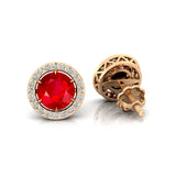 Round Solitaire Ruby Halo Diamond Stud Earrings