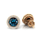 Round Solitaire London Blue Topaz Halo Diamond Stud Earrings