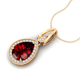 Classic Teardrop Shaped Garnet Halo Diamond Dangle Pendant