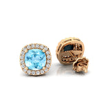 Cushion Cut Aquamarine Halo Diamond Stud Earrings