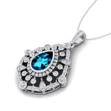 Art Deco Inspired Teardrop London Blue Topaz Diamond Pendant