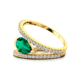 Fashionable V Shaped Diamond Ring with Pear Cut Emerald