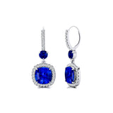 Halo Diamond Cushion Cut Blue Sapphire Dangle Earrings