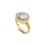 Vintage Style Elongated Oval Moonstone Halo Diamond Twisted Ring