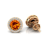 Round Solitaire Citrine Halo Diamond Stud Earrings