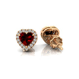 Heart Shaped Garnet Halo Diamond Stud Earrings