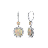 Halo Diamond Cushion Cut Opal Dangle Earrings