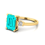 Emerald Cut Paraiba Tourmaline and Diamond Three Stone Ring