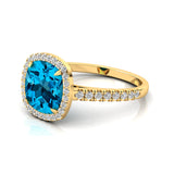 Halo Diamond Engagement Ring with Cushion Cut Swiss Blue Topaz