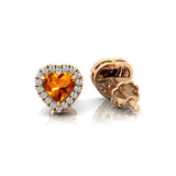 Heart Shaped Citrine Halo Diamond Stud Earrings