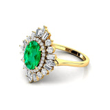 Oval Solitaire Emerald Baguette and Round Diamond Cocktail Ring