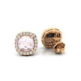 Cushion Cut Morganite Halo Diamond Stud Earrings