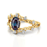 Flower Inspired Ring with Oval Shaped Alexandrite and Accent Diamonds