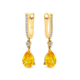 Lever Back Diamond Drop Earrings with Pear Cut Yellow Sapphire