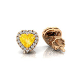 Heart Shaped Yellow Sapphire Halo Diamond Stud Earrings