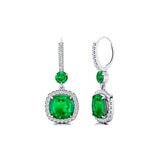 Halo Diamond Cushion Cut Emerald Dangle Earrings