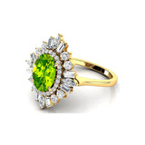 Oval Solitaire Peridot Baguette and Round Diamond Cocktail Ring