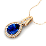 Classic Teardrop Shaped Blue Sapphire Halo Diamond Dangle Pendant