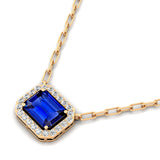 Emerald Cut Blue Sapphire Halo Set Diamond Necklace