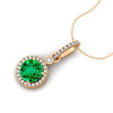 Classic Solitaire Round Emerald Halo Diamond Dangle Pendant