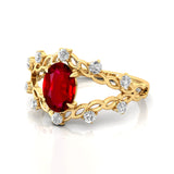 Flower Inspired Ring with Oval Shaped Ruby and Accent Diamonds