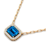 Emerald Cut Swiss Blue Topaz Halo Set Diamond Necklace