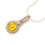 Classic Solitaire Round Yellow Sapphire Halo Diamond Dangle Pendant